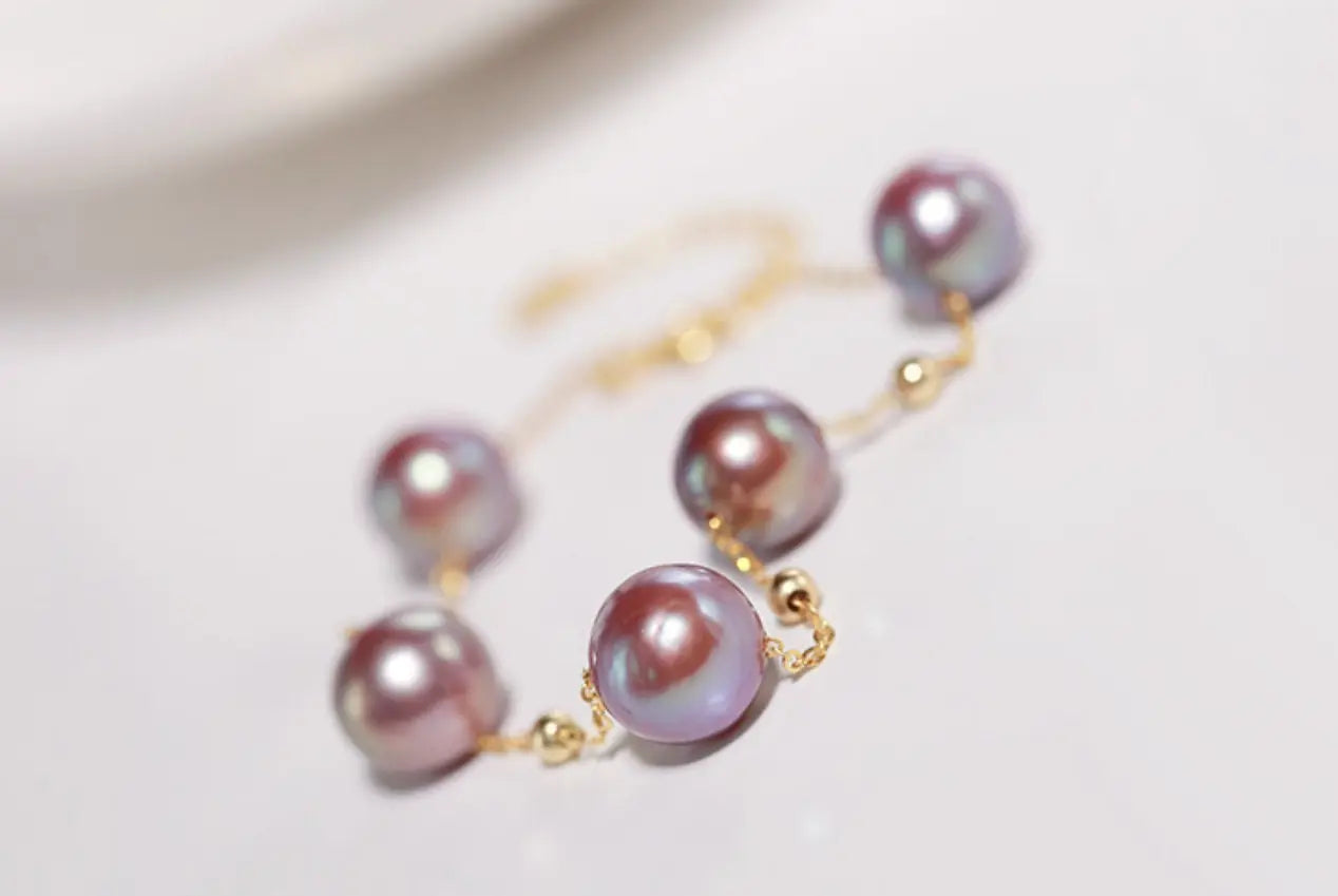 18k Yellow Gold 8.5mm Natural High Luster Purple Pearl, Beaded Pearl Handmade Bracelets, Rose Tone Pink Pearl Bracelets, Anniversary Gift Etsy