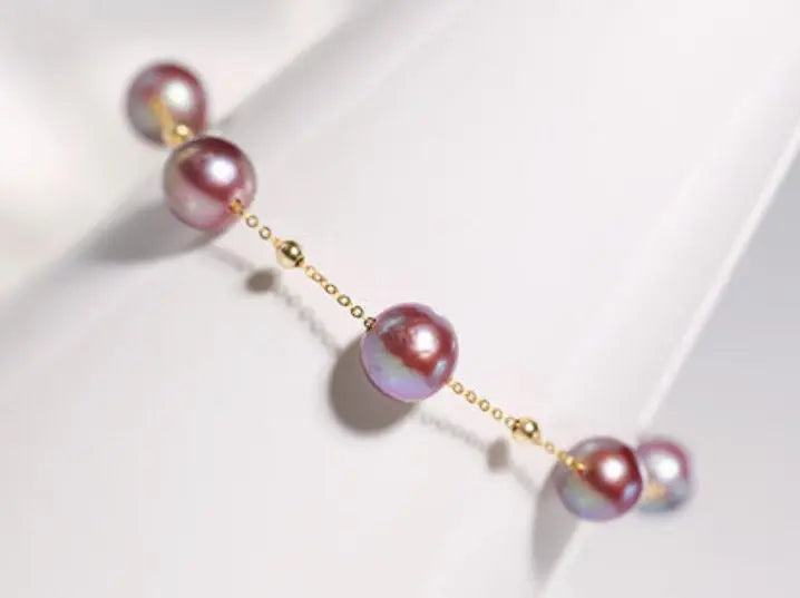 18k Yellow Gold 8.5mm Natural High Luster Purple Pearl, Beaded Pearl Handmade Bracelets, Rose Tone Pink Pearl Bracelets, Anniversary Gift Etsy