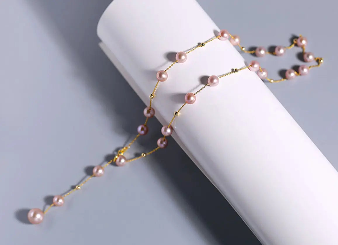 18K Yellow Gold & High Luster 6mm Natural Nude Purple Pearl Chocker Handmade 18K Yellow Gold Y-Necklace, Vanilla Pearl Necklace, Gift Idea Etsy