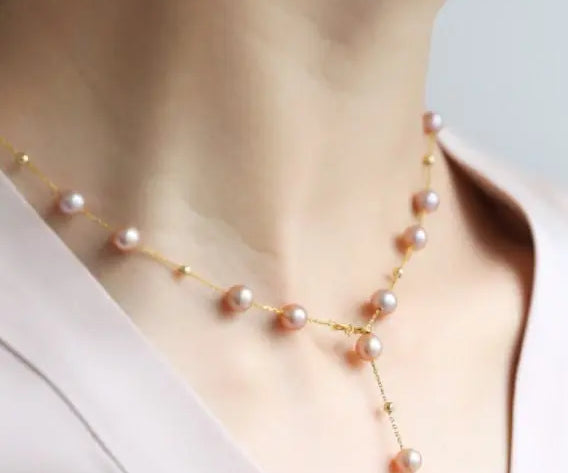 18K Yellow Gold & High Luster 6mm Natural Nude Purple Pearl Chocker Handmade 18K Yellow Gold Y-Necklace, Vanilla Pearl Necklace, Gift Idea Etsy