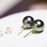 Natural Peacock Green Tahitian Pearls Earrings, 18K Solid Yellow Gold Black Pearl Earrings, Seawater Pearl Stud Earrings, Gift Idea Etsy