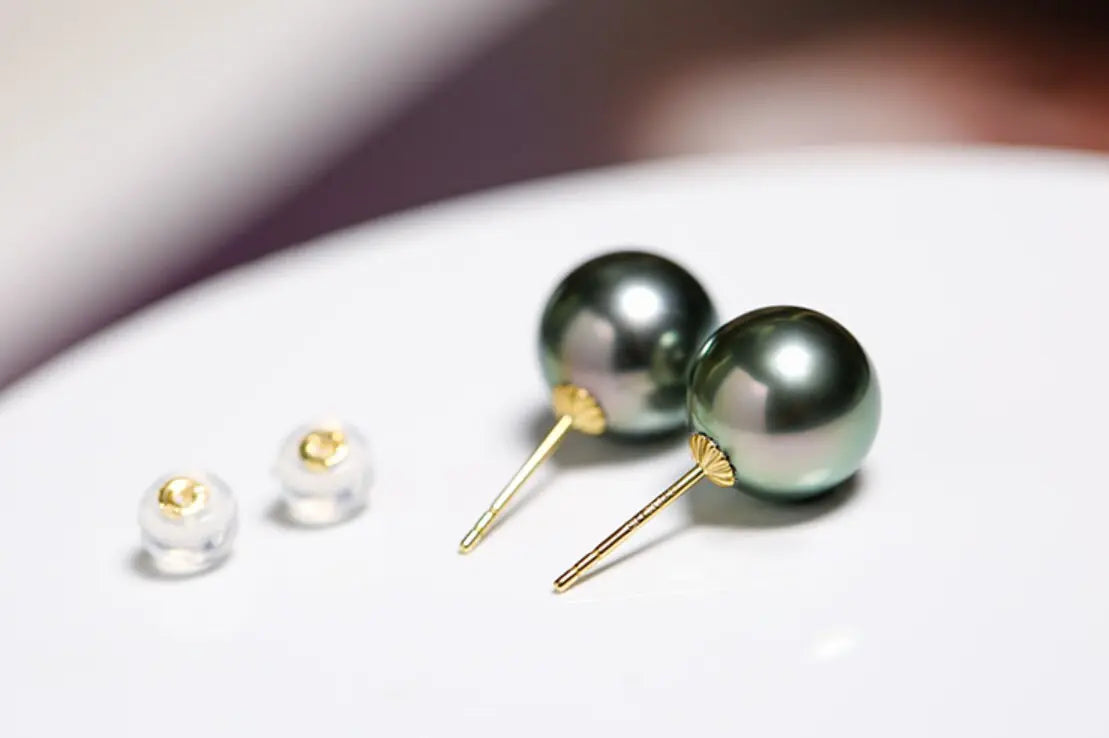Natural Peacock Green Tahitian Pearls Earrings, 18K Yellow Gold Black Pearl Earrings Stud Earrings Etsy