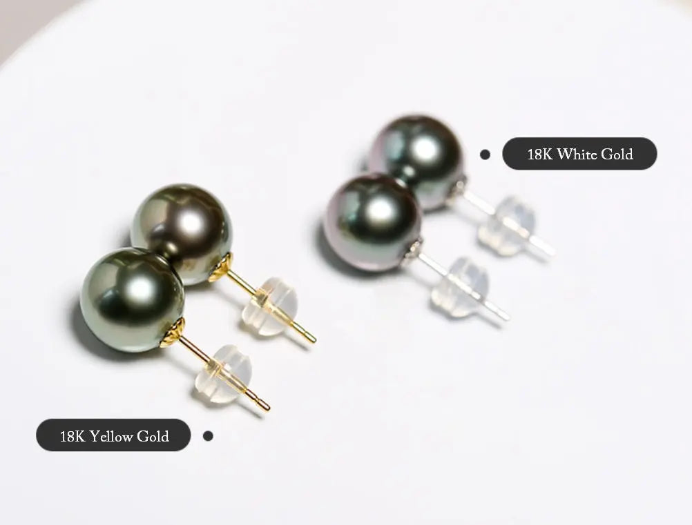 Natural Peacock Green Tahitian Pearls Earrings, 18K Solid Yellow Gold Black Pearl Earrings, Seawater Pearl Stud Earrings, Gift Idea Etsy