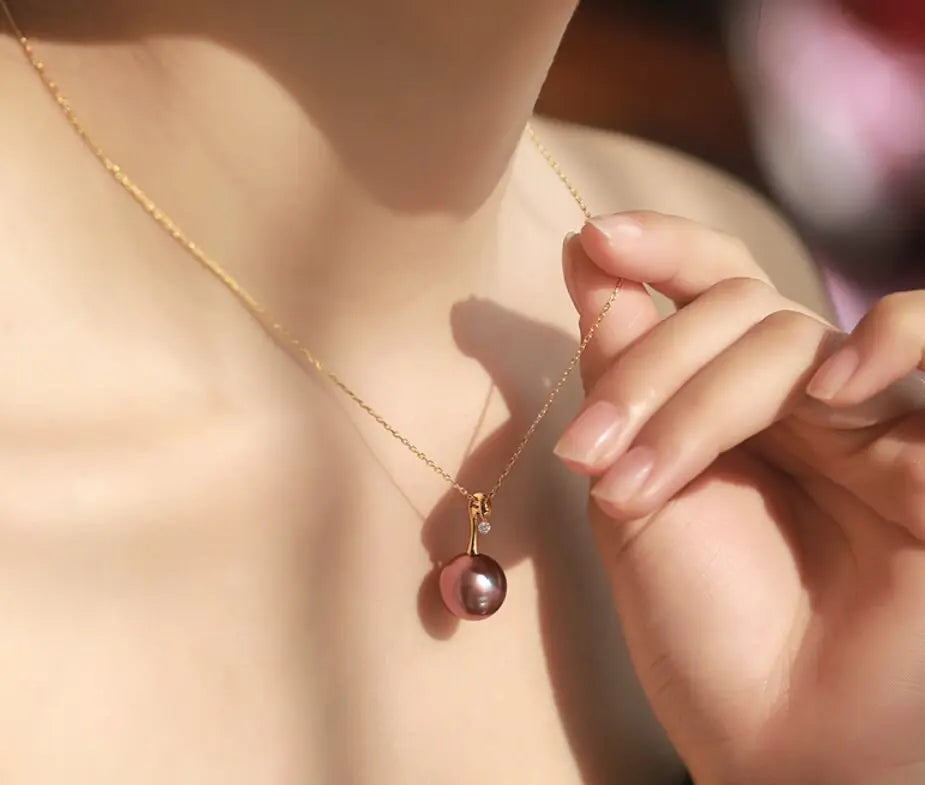 18K Gold High Luster Purple Pearl & White Diamond Necklace, Edison Pearl Necklace Etsy