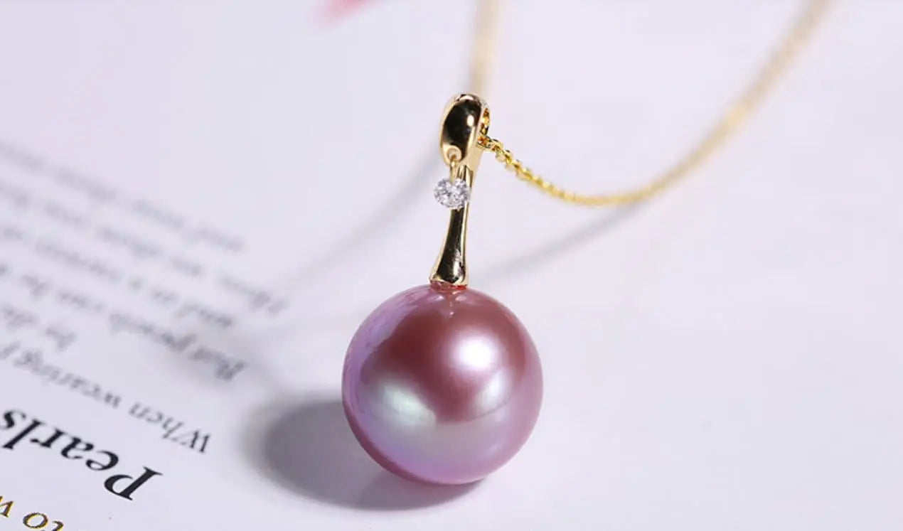 18K Gold High Luster Purple Pearl & White Diamond Necklace, Edison Pearl Necklace Etsy