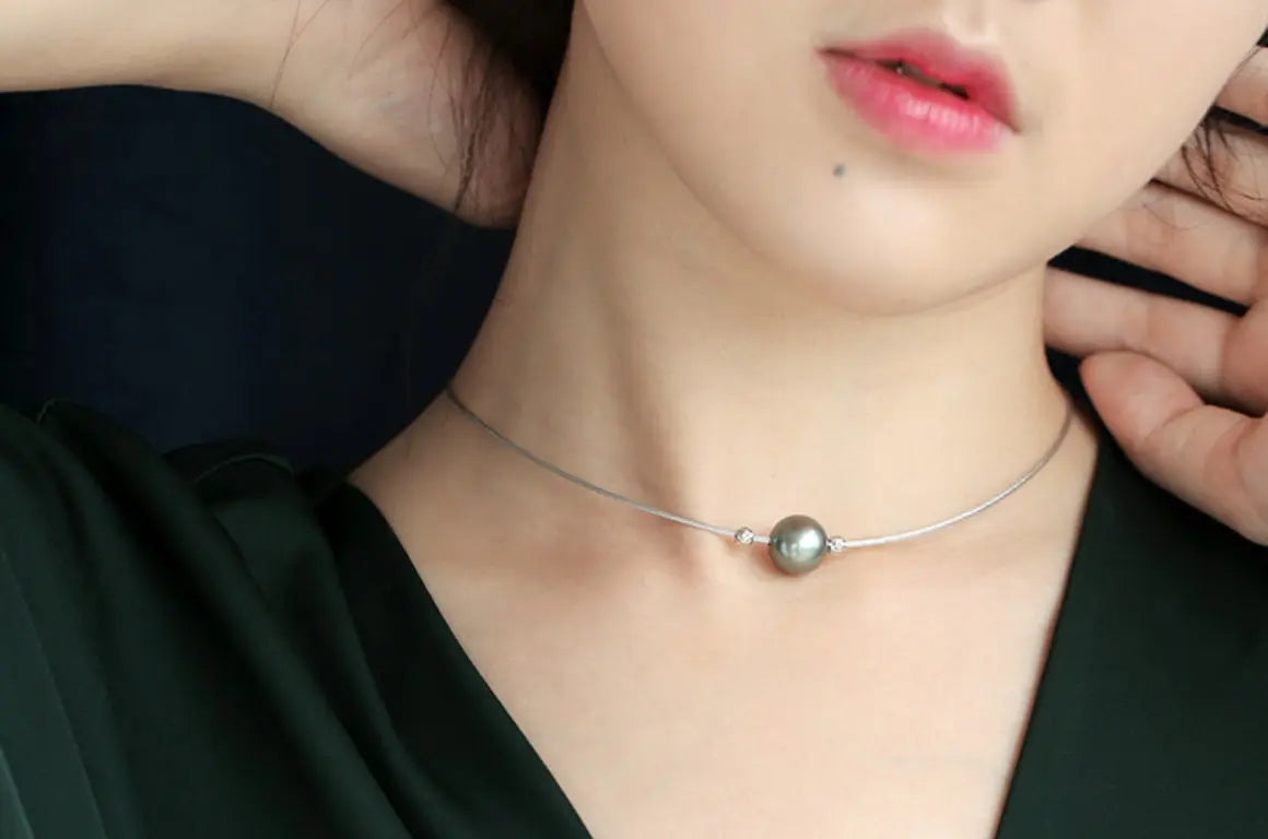 11mm Natural Tahiti Black Pearl Necklace, Silver 925 Handmade Pearl Choker, Gift for Her, Seawater Pearl, Anniversary Gift Idea - LaCorserArtJewelry