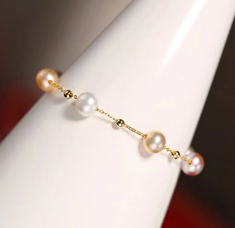 18k Yellow Gold Natural Colorful High Luster Pearl, Beaded Pearl Handmade Bracelets, Rose Pink Pearl Bracelets, Anniversary Gift Idea Etsy