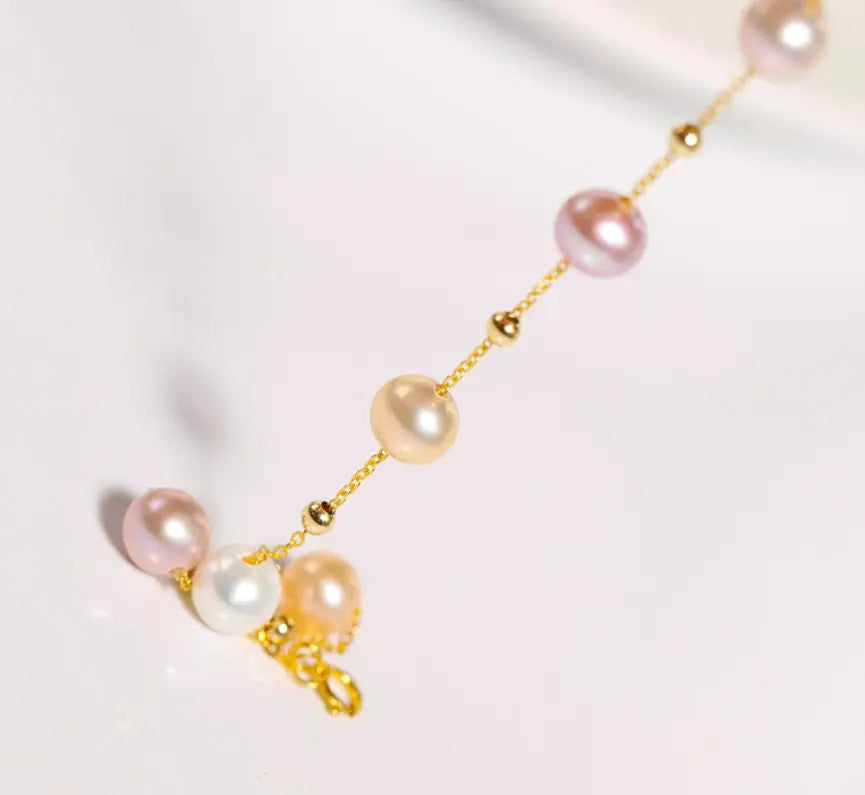 18k Yellow Gold Natural Colorful High Luster Pearl, Beaded Pearl Handmade Bracelets, Rose Pink Pearl Bracelets, Anniversary Gift Idea Etsy
