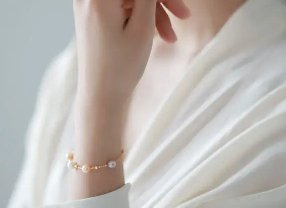 18k Yellow Gold Natural Colorful High Luster Pearl, Beaded Pearl Handmade Bracelets, Rose Pink Pearl Bracelets, Anniversary Gift Idea Etsy