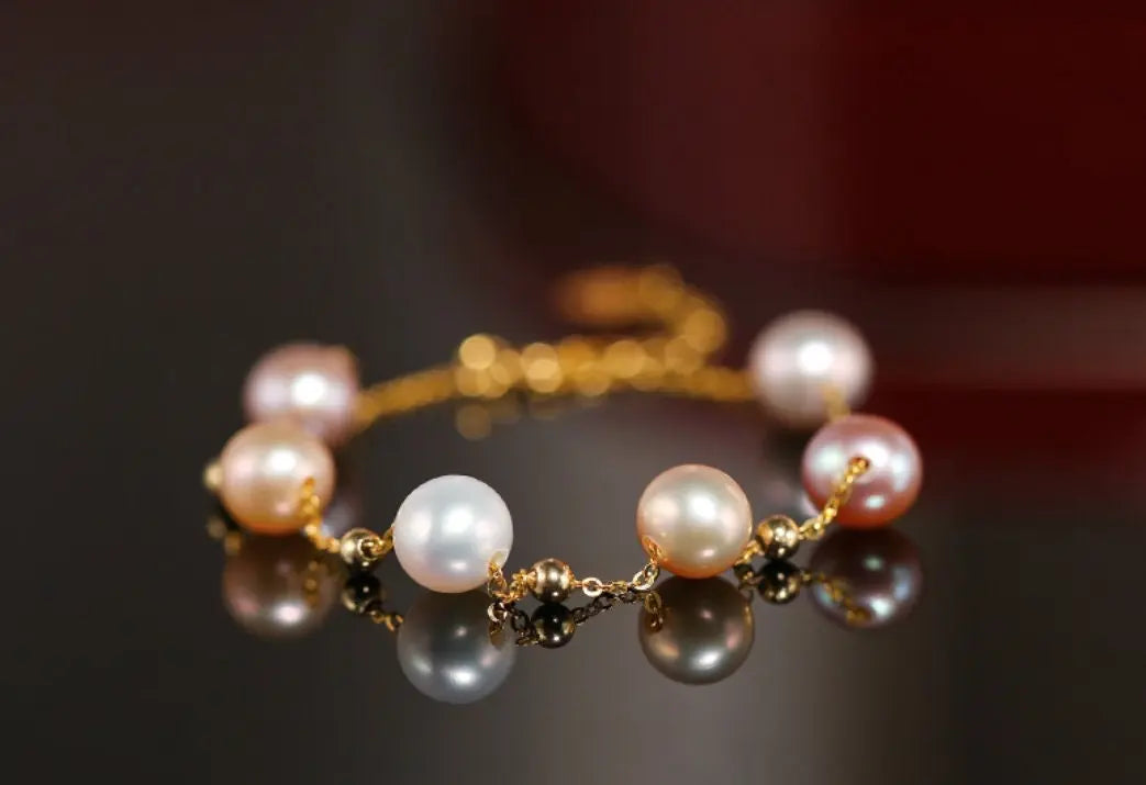 18k Yellow Gold Natural Colorful High Luster Pearl, Beaded Pearl Handmade Bracelets, Rose Pink Pearl Bracelets, Anniversary Gift Idea Etsy