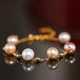 18k Yellow Gold Natural Colorful High Luster Pearl, Beaded Pearl Handmade Bracelets, Rose Pink Pearl Bracelets, Anniversary Gift Idea Etsy