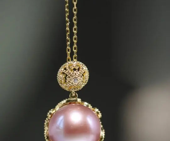 12mm High Luster Purple Rose Tone Pearl Necklace, 18k Gold Plated Vermeil Handmade Carved Necklace, Anniversary Gift Idea, Gift for Her Etsy