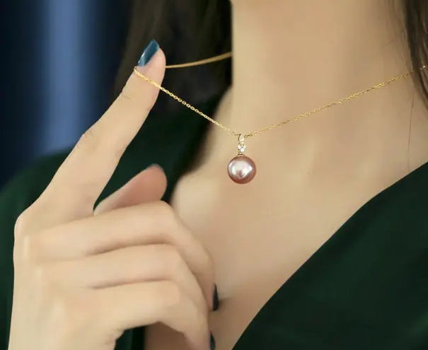 12mm High Luster Purple Rose Tone Pearl Necklace, 18k Solid Yellow Gold Handmade Necklace, Anniversary Gift Idea, Gift for Her Etsy