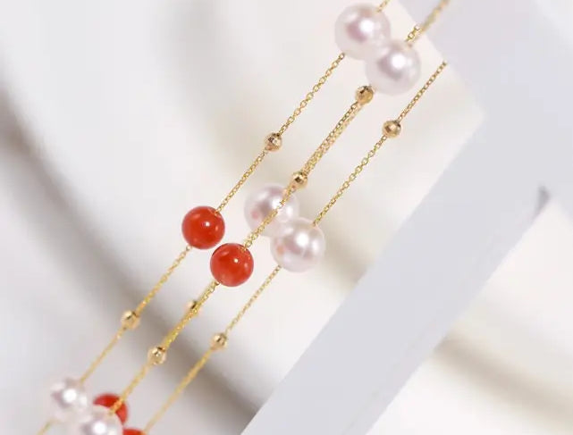 18K Yellow Gold Akoya Pearl & South Red Agate Necklace Etsy