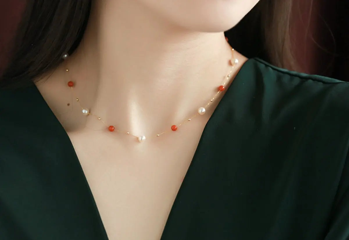 18K Yellow Gold Akoya Pearl & South Red Agate Necklace Etsy