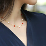 18K Yellow Gold Akoya Pearl & South Red Agate Necklace Etsy