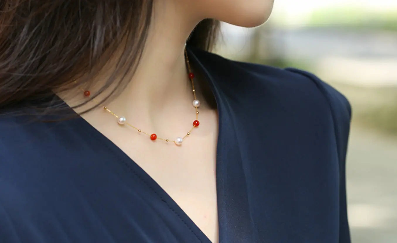18K Yellow Gold Akoya Pearl & South Red Agate Necklace Etsy