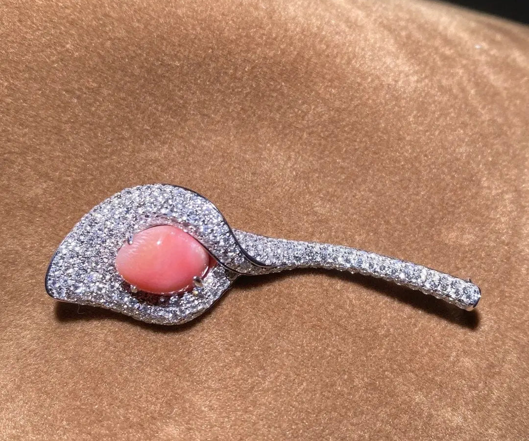 5.37Carat Queen Conch Pearl & White Diamond Brooch, Calla Lily Brooch 18K White Gold Flower Brooch, Strombus Gigas, Flamed Pink Pearl Etsy