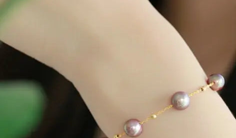 18k Yellow Gold 8.5mm Natural High Luster Purple Pearl, Beaded Pearl Handmade Bracelets, Rose Tone Pink Pearl Bracelets, Anniversary Gift Etsy