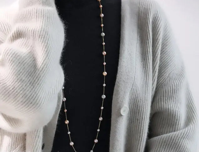 18K Yellow Gold & Natural High Luster Colorful Pearl Necklace, Handmade Necklace, White Purple Pearl Long Necklace Pearl Knitwear Necklace Etsy