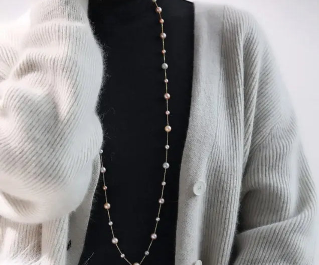 18K Yellow Gold & Natural High Luster Colorful Pearl Necklace, Handmade Necklace, White Purple Pearl Long Necklace Pearl Knitwear Necklace Etsy
