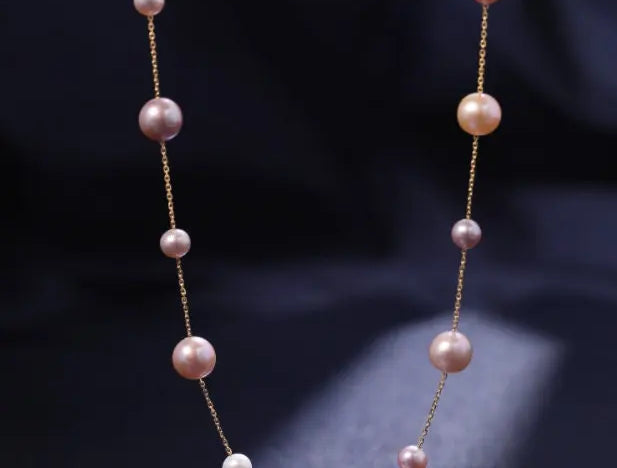18K Yellow Gold & Natural High Luster Colorful Pearl Necklace, Handmade Necklace, White Purple Pearl Long Necklace Pearl Knitwear Necklace Etsy