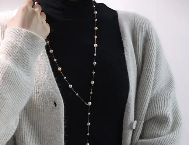 18K Yellow Gold & Natural High Luster Colorful Pearl Necklace, Handmade Necklace, White Purple Pearl Long Necklace Pearl Knitwear Necklace Etsy