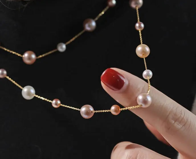 18K Yellow Gold & Natural High Luster Colorful Pearl Necklace, Handmade Necklace, White Purple Pearl Long Necklace Pearl Knitwear Necklace Etsy