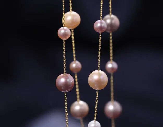 18K Yellow Gold & Natural High Luster Colorful Pearl Necklace, Handmade Necklace, White Purple Pearl Long Necklace Pearl Knitwear Necklace Etsy
