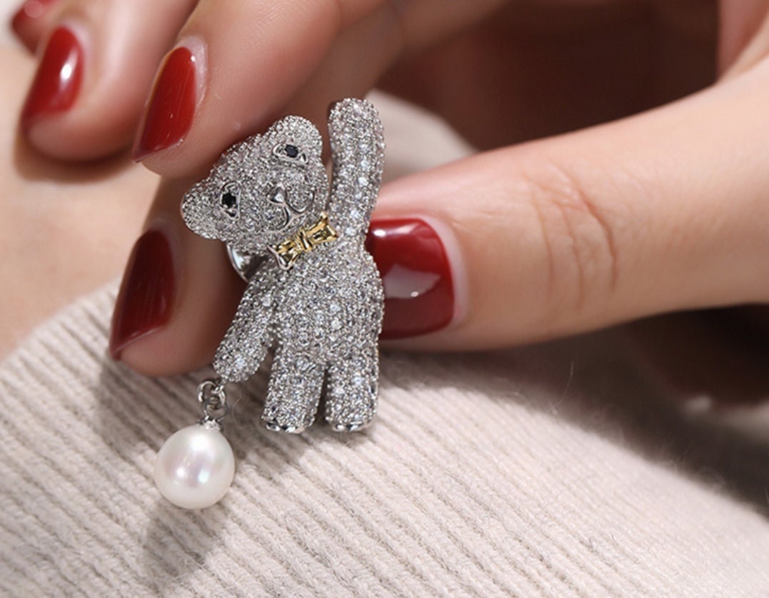 Cute Bear Brooch With Natural White Pearl, Alloy Handmade Pearl Brooch, Moissanite Brooch, Anniversary Gift Idea, Gift for Mom Etsy
