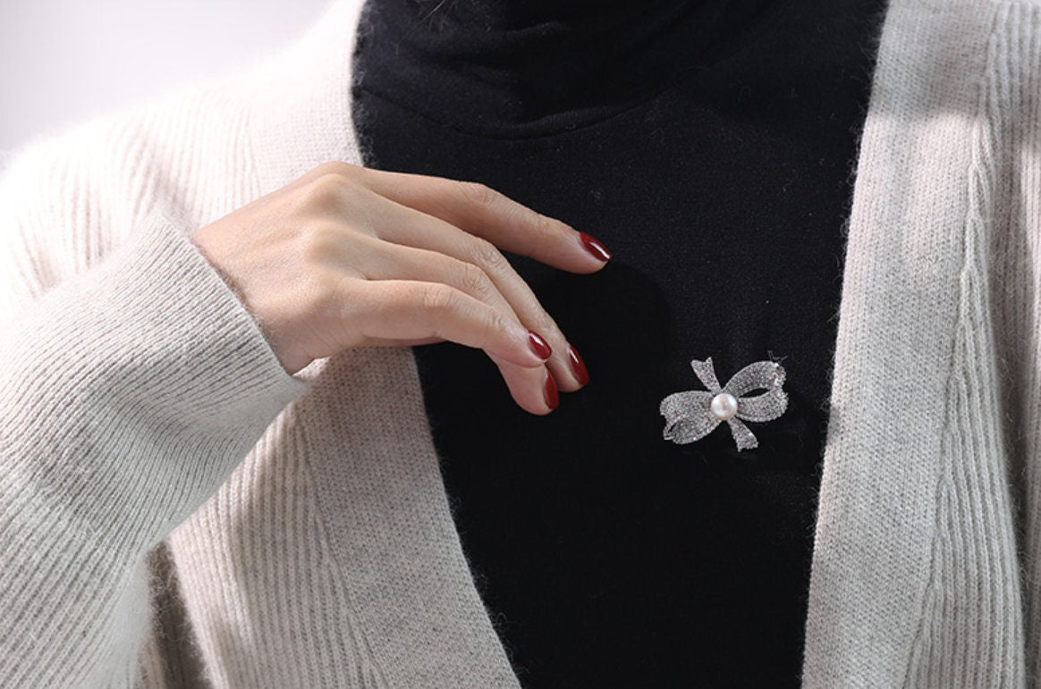Bowknot Brooch With Natural White Pearl, Alloy Handmade Pearl Brooch, Moissanite Brooch, Anniversary Gift Idea, Gift for Mom Etsy