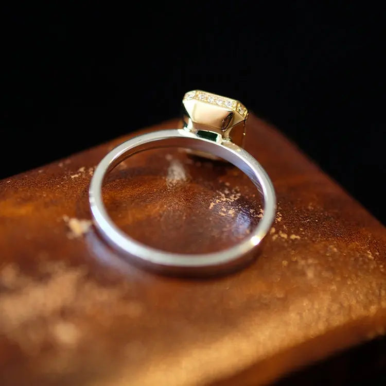 Colombia Emerald & White Diamond 18K Solid Yellow Gold Ring, Handmade Two Tone Gold Ring, Promise Ring, Retro Jewelry, Concise Style - LaCorserArtJewelry