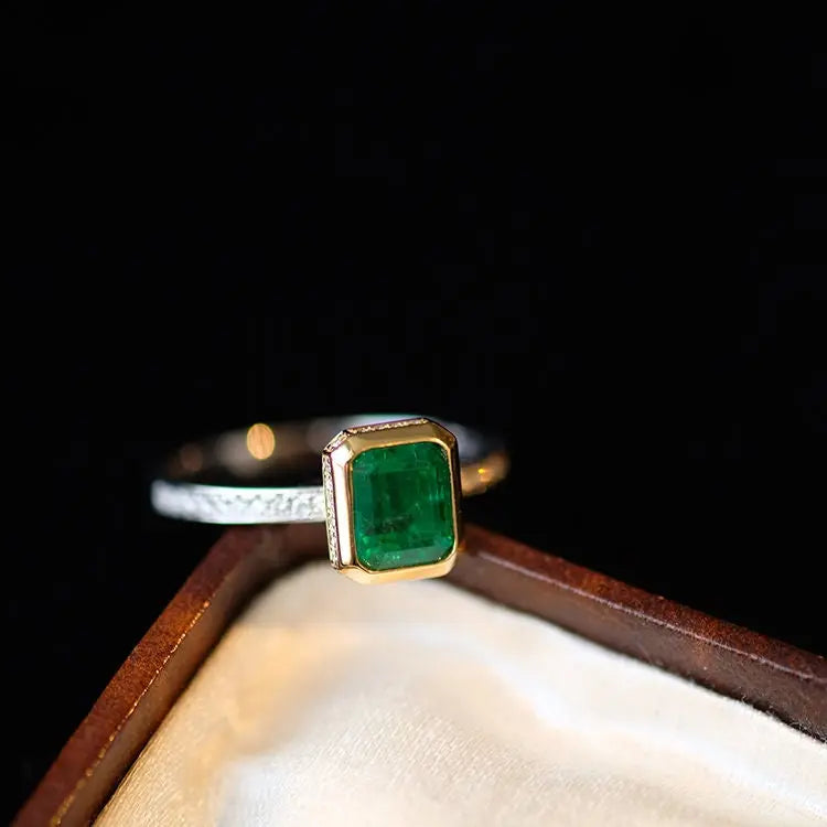 Colombia Emerald & White Diamond 18K Solid Yellow Gold Ring, Handmade Two Tone Gold Ring, Promise Ring, Retro Jewelry, Concise Style - LaCorserArtJewelry