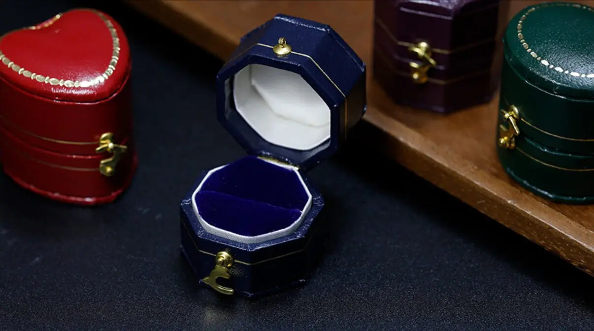 4 Colors | Navy Octagon Hexagon Oval Leather Ring Box Handmade from Japan | Engagement & Wedding Set Elegant Keepsake Box | Bridal Photo - LaCorserArtJewelry