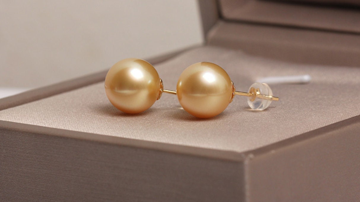 5A+ Natural Golden South Sea Pearl Earrings, 18K Solid Champagne Gold Golden Pearl Earring, Gift for Her, Seawater Pearl, Anniversary Gift Etsy