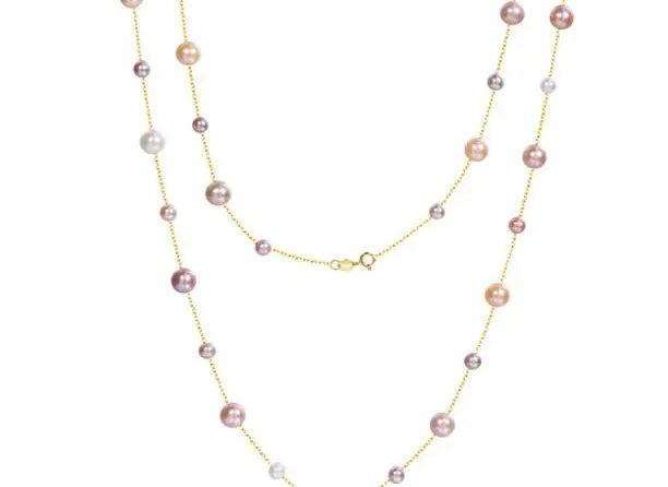 18K Yellow Gold & Natural High Luster Colorful Pearl Necklace, Handmade Necklace, White Purple Pearl Long Necklace Pearl Knitwear Necklace Etsy