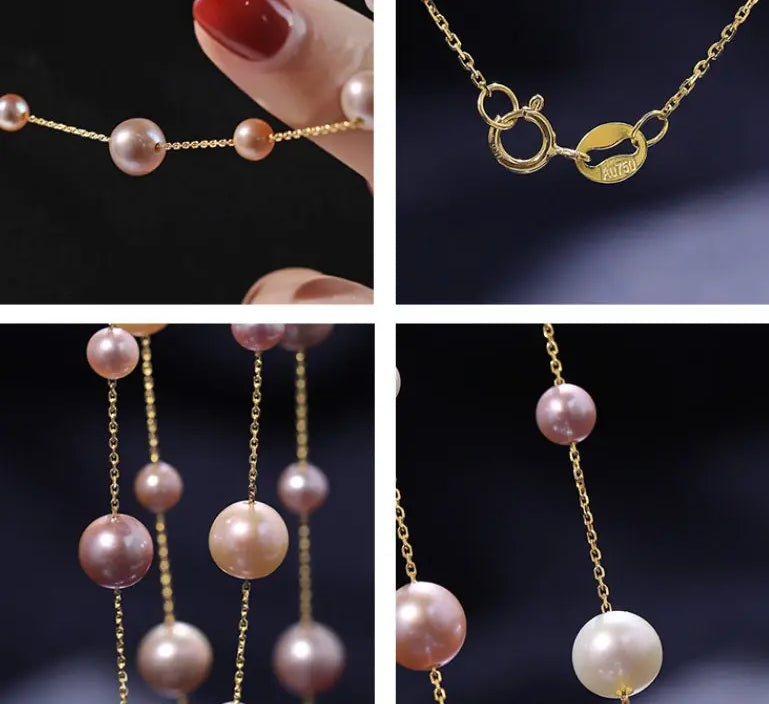 18K Yellow Gold & Natural High Luster Colorful Pearl Necklace, Handmade Necklace, White Purple Pearl Long Necklace Pearl Knitwear Necklace Etsy