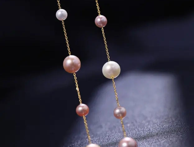 18K Yellow Gold & Natural High Luster Colorful Pearl Necklace, Handmade Necklace, White Purple Pearl Long Necklace Pearl Knitwear Necklace Etsy
