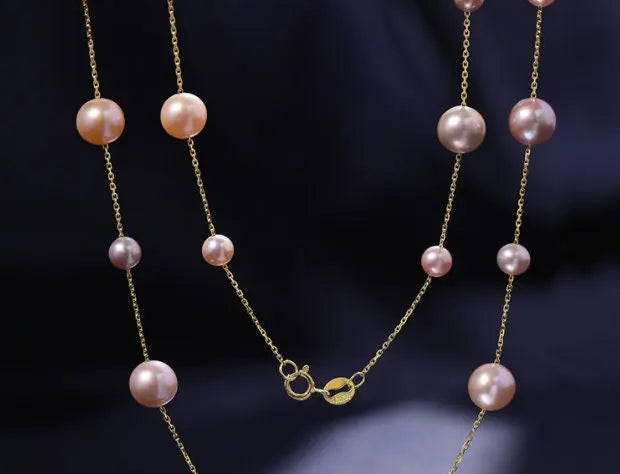 18K Yellow Gold & Natural High Luster Colorful Pearl Necklace, Handmade Necklace, White Purple Pearl Long Necklace Pearl Knitwear Necklace Etsy