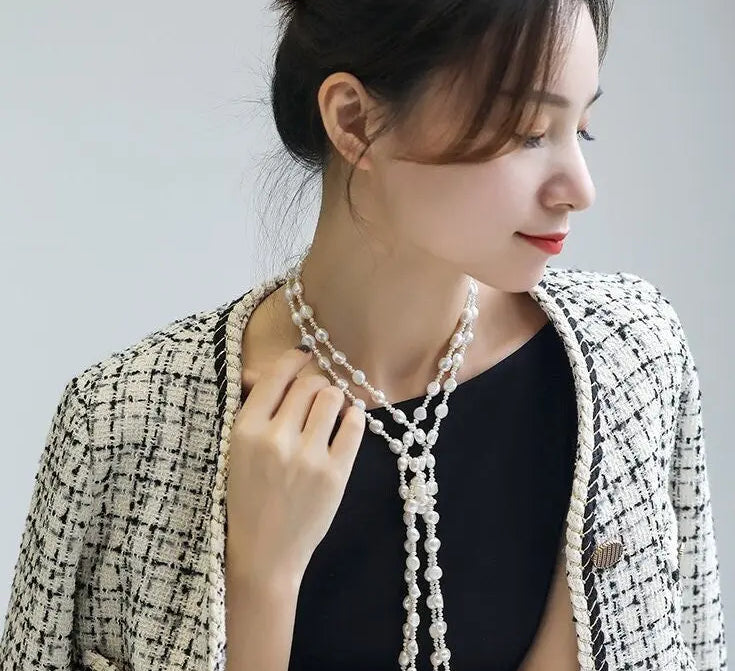Natural High Luster Baroque Beaded Pearl Necklace, Silver 925 Handmade Long Necklace, Knitwear Necklace Anniversary Gift Idea Etsy