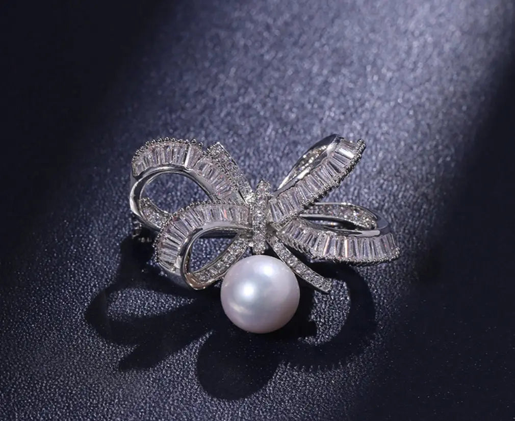 Bowknot Brooch With Natural White Pearl, Alloy Pearl Brooch, Moissanite Brooch Etsy
