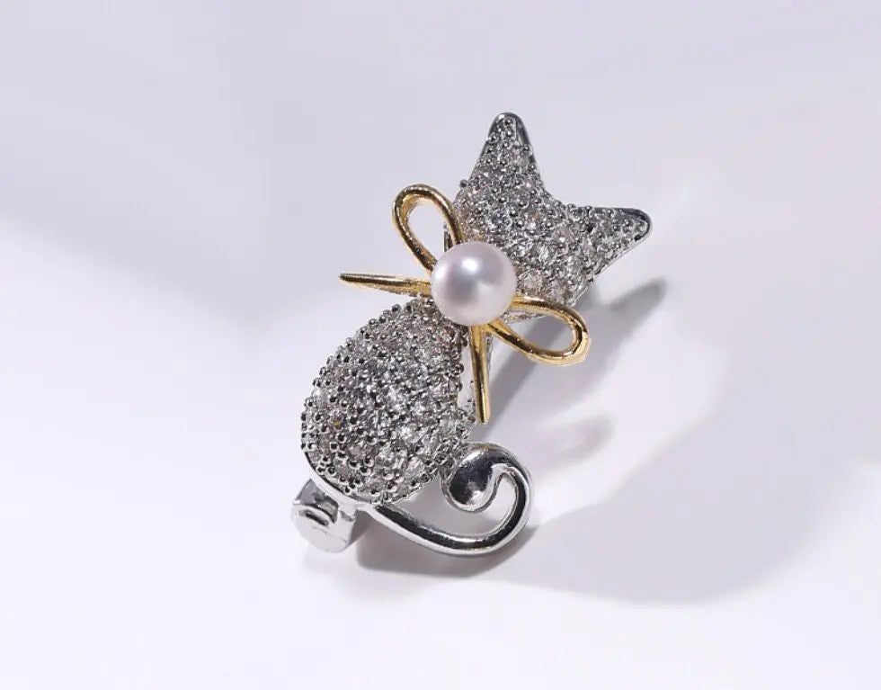 Cat Brooch With Natural White Pearl, Alloy Handmade Pearl Flower Brooch, Moissanite Brooch, Anniversary Gift Idea, Gift for Mom Etsy