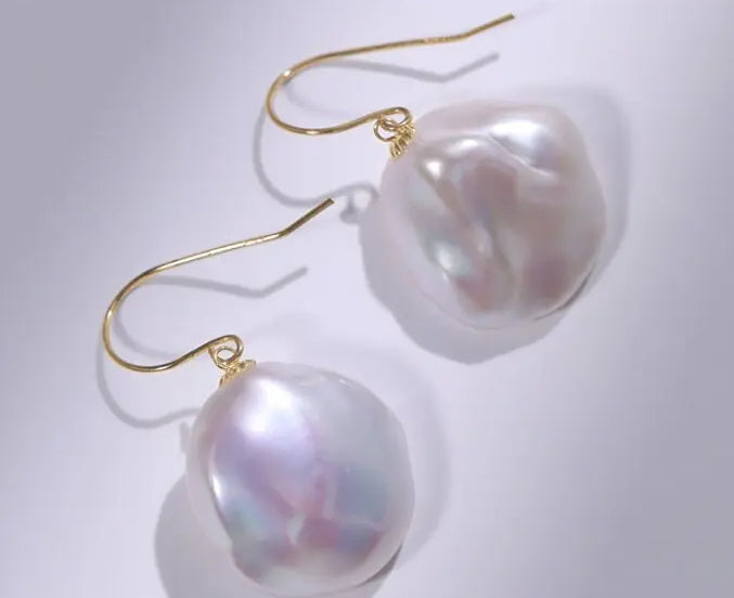 16mm Natural High Luster Baroque White Pearl Earrings, 18k Solid Yellow Gold Double Egg Earrings, Minimalist Earrings, Anniversary Gift Idea - LaCorserArtJewelry