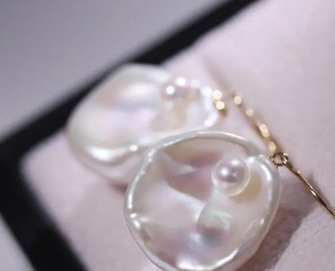 16mm Natural High Luster Baroque White Pearl Earrings, 18k Solid Yellow Gold Double Egg Earrings, Minimalist Earrings, Anniversary Gift Idea - LaCorserArtJewelry