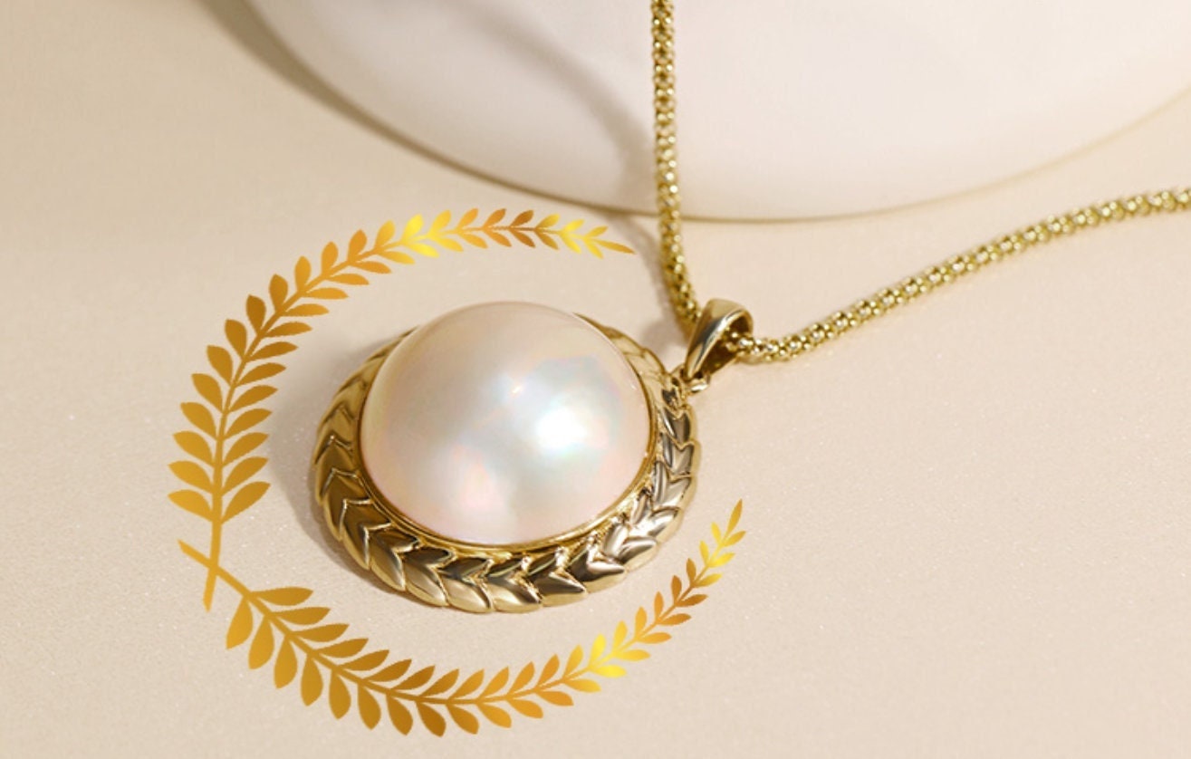 25mm Natural Mabe Pearl Necklace, 18k Solid Yellow Gold Handmade Carved Necklace, Akoya Pearl Earrings, Anniersary Gift for Mom Gift for Her Etsy
