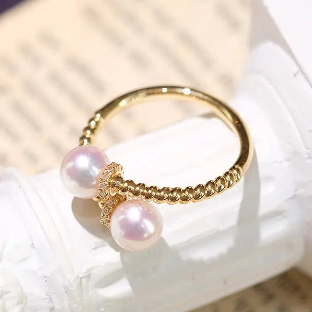 AAA+ Akoya Pearl 6mm Ring, 18K Yellow Gold Twisted Ring, Open Ring Etsy