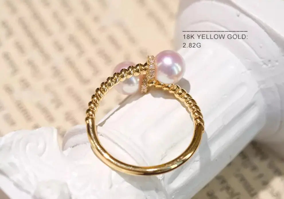 AAA+ Akoya Pearl 6mm Ring, 18K Yellow Gold Twisted Ring, Open Ring Etsy