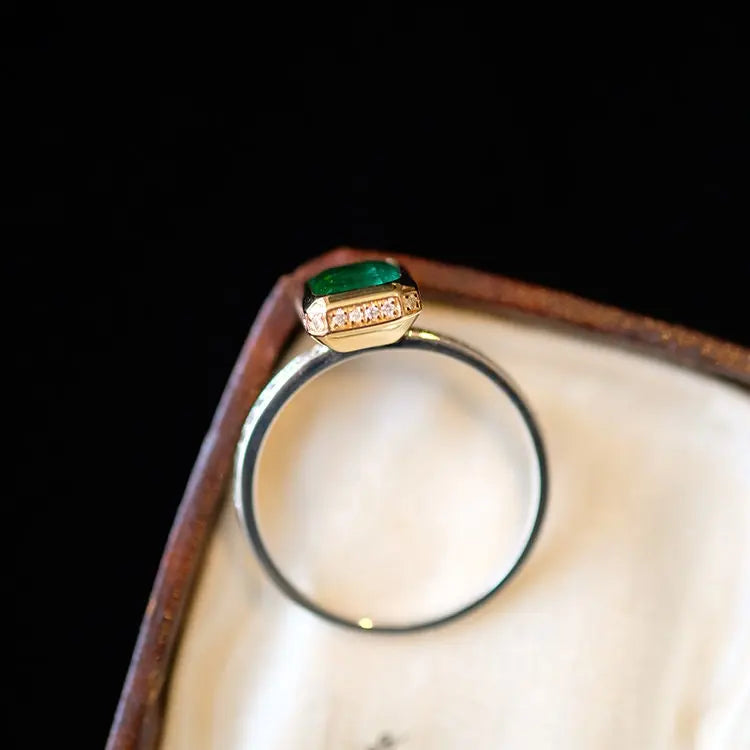 Colombia Emerald & White Diamond 18K Solid Yellow Gold Ring, Handmade Two Tone Gold Ring, Promise Ring, Retro Jewelry, Concise Style - LaCorserArtJewelry