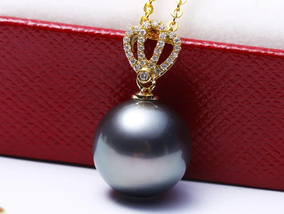 12mm Tahitian Black Pearl & Diamond Necklace, 18K Yellow Gold Etsy