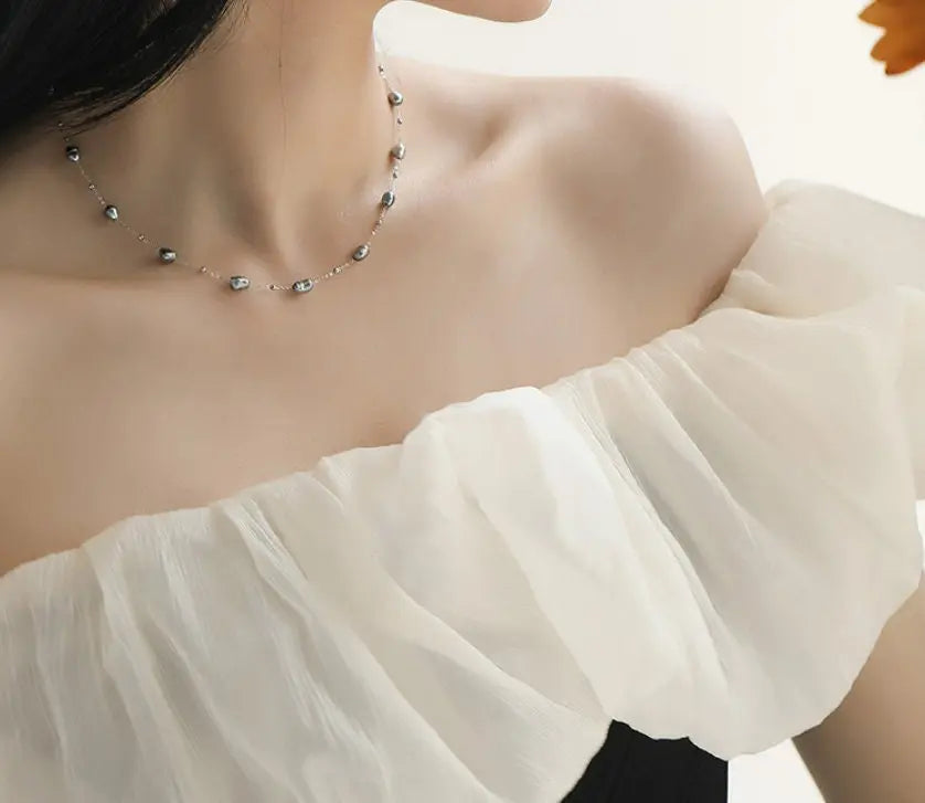 Minimalist Necklace, Natural Baroque Keshi Pearl Necklace, 18k White Gold Handmade Necklace, Seawater Tahitian Pearl Necklace, Gift Idea Etsy